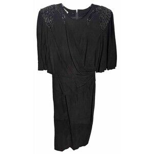 Erez Black Suede Sequin Swan Dress VTG Size 8 Luxury Eighties Dynasty Glamour‎